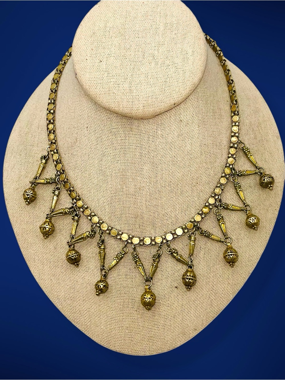 Vintage Ethnic Brass Festoon Bib Necklace Dangle Fringe Drop Statement - Picture 6 of 15